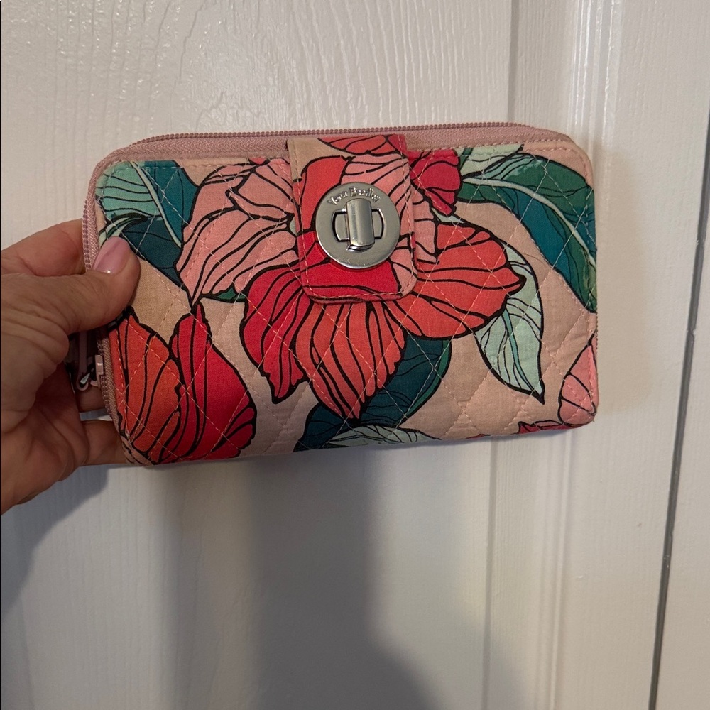 Vera Bradley Pink Floral Quilted Zip-Around Wallet with Turn-Lock